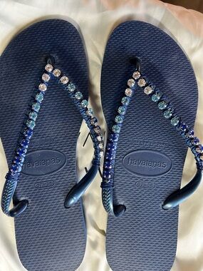Havaianas Navy Blue Flip Flops with Blue and Clear Crystal Straps
